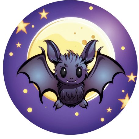 Eine süße, cartoonartige Fledermaus vor einem großen, gelben Mond und bunten Sternen.