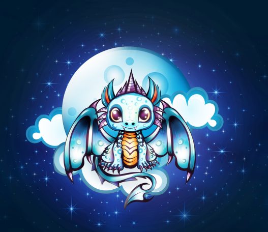 Kühler, cartoonartiger Drache mit großen Augen vor einem Mondhintergrund.