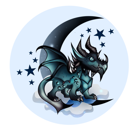Ein stilisierter Drache sitzt auf Wolken vor einem mondhellen Nachthimmel.