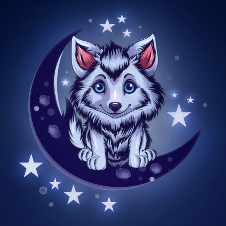 Ein niedlicher Wolfwelpe sitzt auf einem Mond mit funkelnden Sternen im Hintergrund.