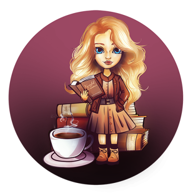 Mädchen mit blonden Haaren sitzt auf Büchern und hält ein Buch, neben einer Tasse Kaffee.