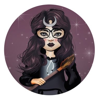 Eine fantasievolle Figur mit Brille, dunklen Haaren und einem Zauberstab.