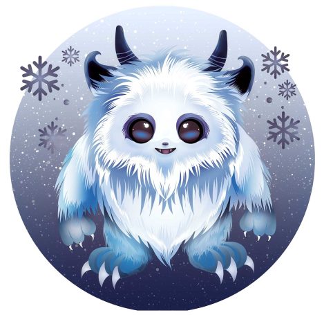 Ein flauschiges, blau-weißes Wesen mit großen Augen und Hörnern im Schnee.